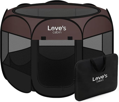 Love's cabin Pet Puppy Dog Playpen, Small Dog Tent Crates Cage Indoor/Outdoor, Portable Playpen for Cat, Foldable Pop Up Dog Kennel Playpen with Carring Case, Removable Zipper Top, Brown
