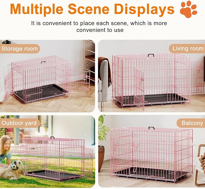 FDW Dog Crate 36inch Dog Cage Foldable Metal Kennel with Leakproof Tray Foldable Design Indoor Outdoor Use for Medium Dogs,Pink