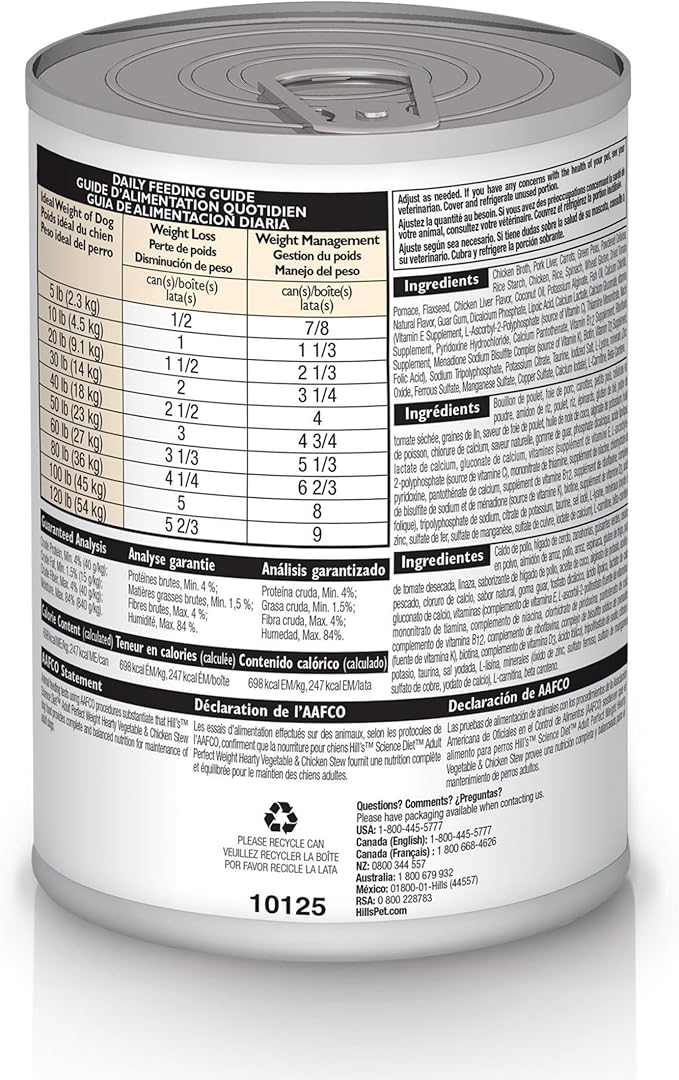 Hill's Science Diet Adult Perfect Weight Wet Dog Food, Hearty Vegetable & Chicken Stew in Gravy, 12.5 oz. Cans, 12-Pack