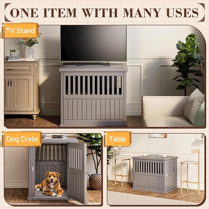Fancyango 40-Inch Heavy Duty Dog Crate Furniture Lockable Indoor Outdoor Kennel & End Table for Small/Large Dogs Decorative Plastic Pet Cage in Grey