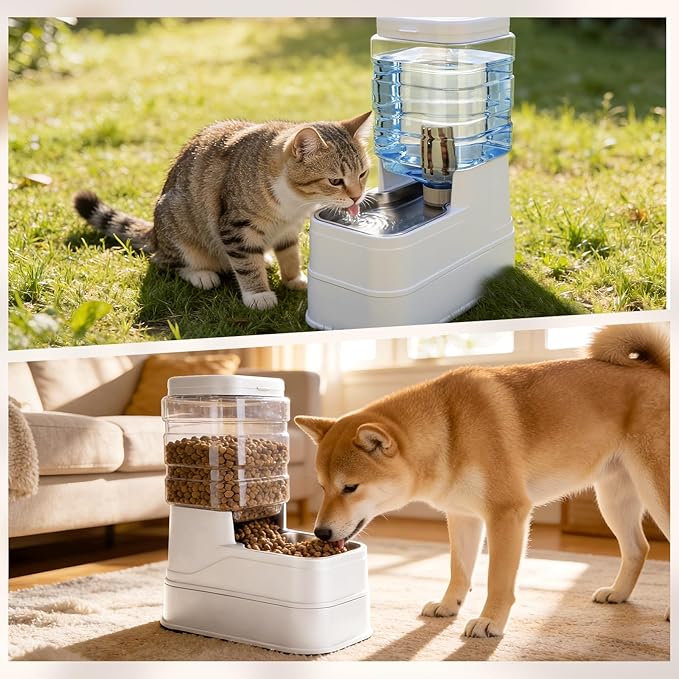 2 Pack Automatic Cat Feeder and Water Dispenser 1.3Gallon Dog Gravity Food Feeder and Water with Ice Pack Stainless Steel Dry Food and Waterer Bowl for Small Medium Large Pets (White)
