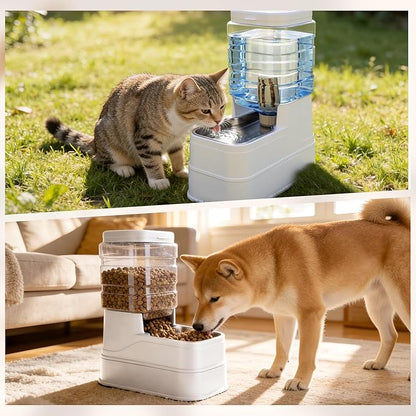 2 Pack Automatic Cat Feeder and Water Dispenser 1.3Gallon Dog Gravity Food Feeder and Water with Ice Pack Stainless Steel Dry Food and Waterer Bowl for Small Medium Large Pets (White)