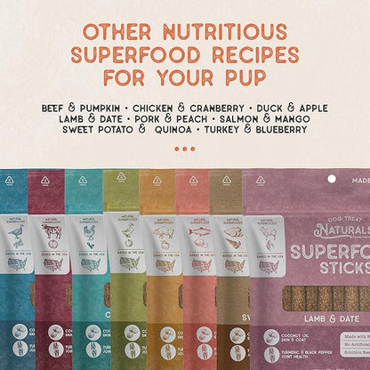 Dog Treat Naturals Superfood Sticks, Lamb & Date, 10oz Bag | Dog Chew Sticks | All-Natural, Pet Training Treats | Joint-Skin-Coat Health | USA Made