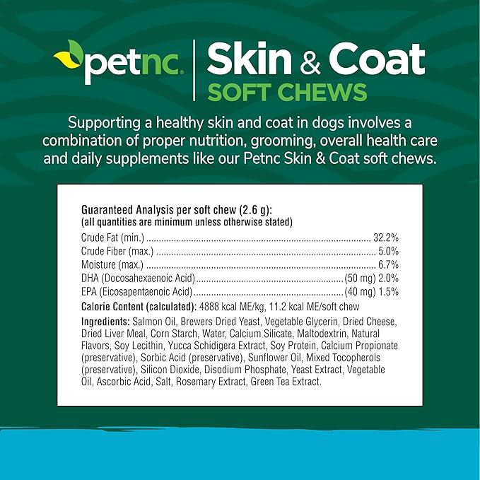 Petnc Dog Skin and Coat Supplement (60 Chewables), With Omega 3, EPA & DHA, Promotes Healthy Skin & Glossy Coat, For Dogs 18 Weeks & Older, Liver Flavor