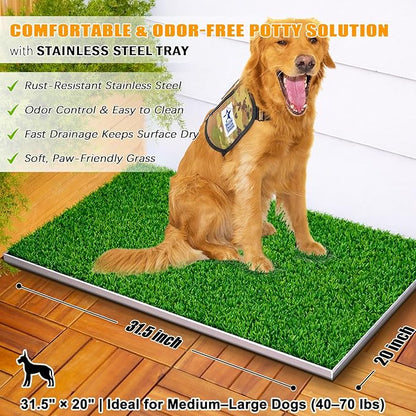 Dog Grass Pad with Tray, Reusable Large Artificial Turf Grass Potty and Puppy Pee Pads for Dogs, Portable Stainless Steel for Indoor/Outdoor Potty Training Toilet (Potty System Size)