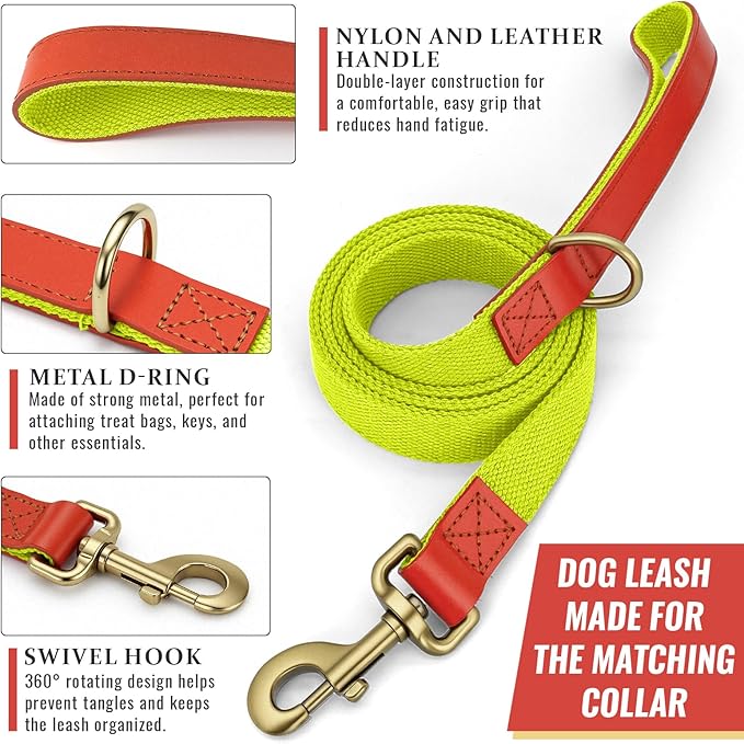 Dog Collar and Leash Set with Metal Quick Release Buckle, Adjustable, Breathable Nylon, Durable, Soft and Comfortable, No Pull for Walking and Training, Fluorescent Yellow, XL (16.9"-26")