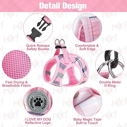 BEAUTYZOO Small Dog Harness and Leash Set,Step in No Choke No Pull Soft Mesh Dog Harnesses Reflective for Extra-Small/Small Medium Puppy Dogs and Cats, Plaid Dog Vest Harness for XS S Pets, Pink XXS