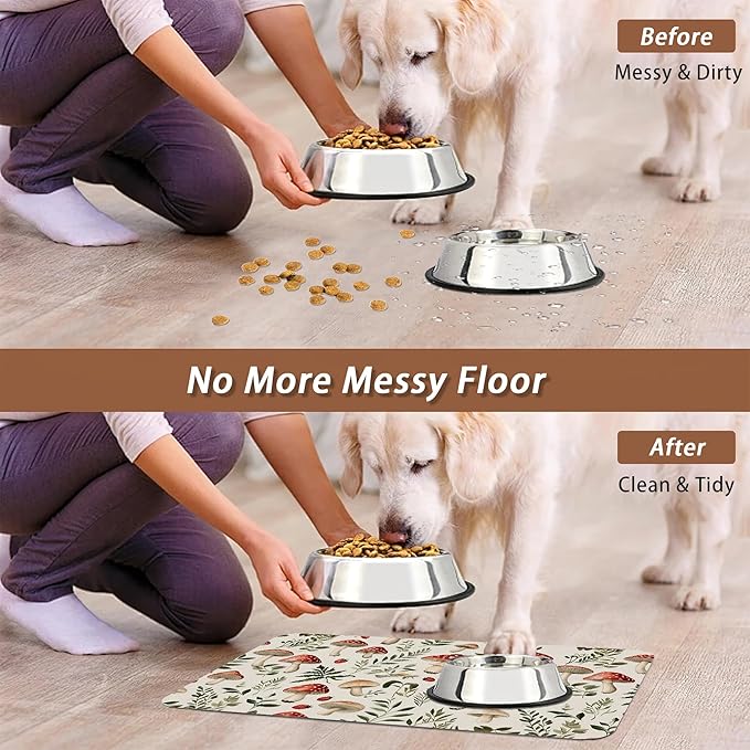 Red Mushroom Pet Feeding Mat,Fern Herb Berries Absorbent Quick-Dry Cat Dog Food and Water Bowl Mats,Non-Slip Rubber Backing Mat,Cat Dog Accessories Supplies 16"x24"