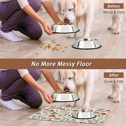 Red Mushroom Pet Feeding Mat,Fern Herb Berries Absorbent Quick-Dry Cat Dog Food and Water Bowl Mats,Non-Slip Rubber Backing Mat,Cat Dog Accessories Supplies 16"x24"