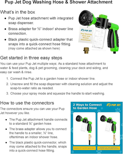 The Original Pup Jet Dog Washing Hose Attachment with Soap Dispenser – 8-in-1 Fur Sweep Shower Attachment & Shampoo Sprayer for Dog Wash, Bath, and Grooming Perfect Pet Care
