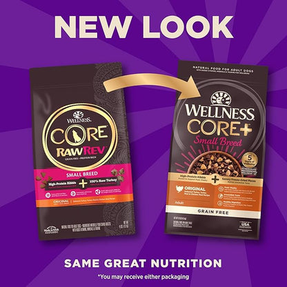 Wellness CORE+ Dry Dog Food with Freeze Dried Pieces, Small Breed, Grain Free, High Protein, Natural, Original Turkey & Chicken Recipe, (10-Pound Bag)
