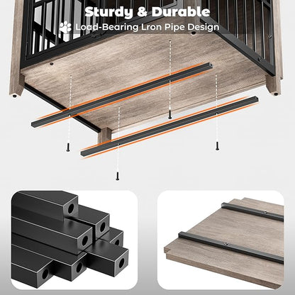 Lulive Dog Crate Furniture, Wooden Dog Kennel Indoor with Adjustable 360°& Height Dog Bowls, Double Doors Furniture Dog Crates End Table for Small/Medium 31.5" L*22.5" W*25.6" H, Grey
