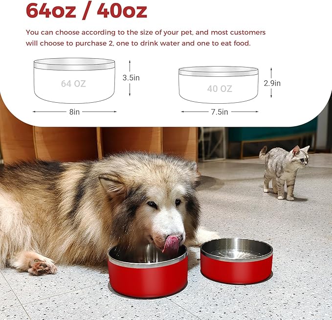 WENBOKMIN Dog Bowl, Stainless Steel Dog Food and Water Bowl with Non Slip Quiet Bottom, Easy to Clean, Dishwasher Safe, 64oz, Red
