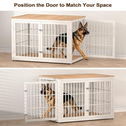 rehomerance 48 Inch Heavy Duty Dog Crate Furniture for Large Dogs, Decorative Pet House End Table, Extra Large Wooden Cage Kennel Furniture Indoor, Natural and White