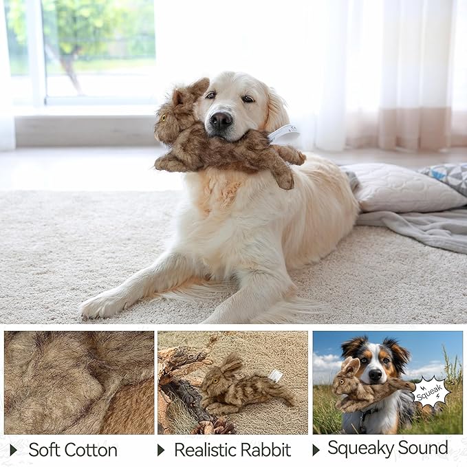 ALL FOR PAWS Rabbit Squeaky Doy Toy, Bunny Dog Toy for Medium Large Breed, Puppy Fetch Toy with Squeaker, Plush Chew Dog Toy, Classic Brown Rabbit-L
