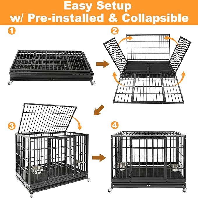 Homey Pet Large Dog Crates for Large Dogs, 47 Inch Heavy Duty Stackable Dog Cage with 2 Bowls, 4 Wheels, Double Removable Trays and Grids, Escape Proof Metal Wire Dogs Kennel Indoor