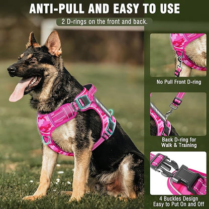 Tactical Service Dog Vest and Leash Set,Heavy Duty No Pull Dog Harness and 10 Patches with Dog Seat Belt for Large Dogs,Reflective Pet Harness for Training Walking Hiking Camo Pink L