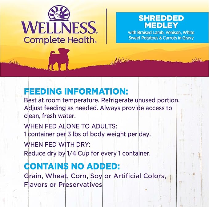 Wellness Petite Entrees Shredded Medley Small Breed Adult Wet Dog Food, Grain Free, Natural, Braised Lamb, Venison, White Sweet Potato, and Carrots, 3 oz, Pack of 12 Cups