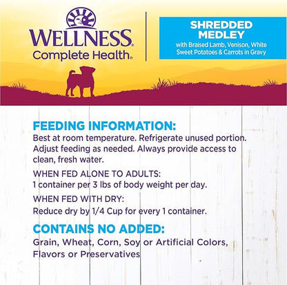 Wellness Petite Entrees Shredded Medley Small Breed Adult Wet Dog Food, Grain Free, Natural, Braised Lamb, Venison, White Sweet Potato, and Carrots, 3 oz, Pack of 12 Cups