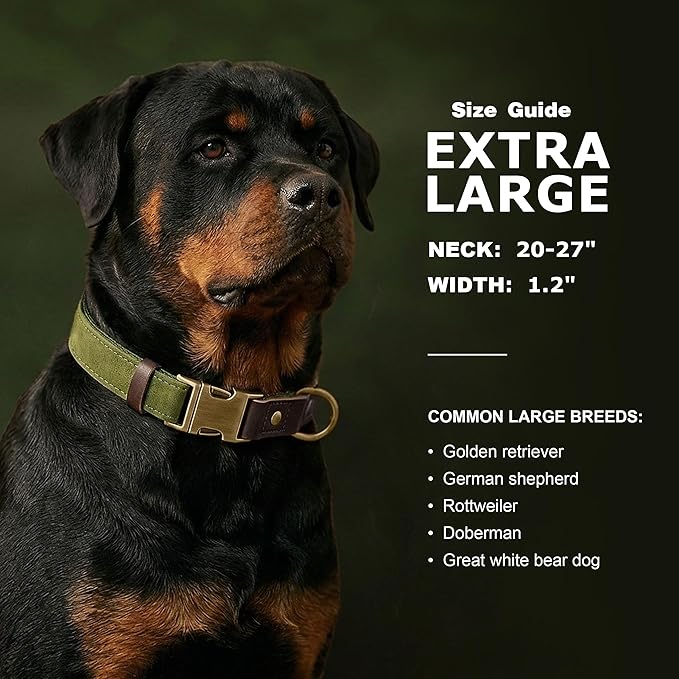 Didog Soft PU Leather Dog Collar for Large Dogs,Classic Adjustable Wide Dog Collars with Quick Release Metal Buckle,Easy Clean and Comfortable with Nylon Lining,Olive Green,XL Neck 20-27", Width 1¼"