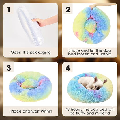 28in Large Dog Bed, Medium Size Dog and Cats, Calming Donut Bed for Puppy and Kitten, Washable Round Fluffy Pet Bed (Rainbow)