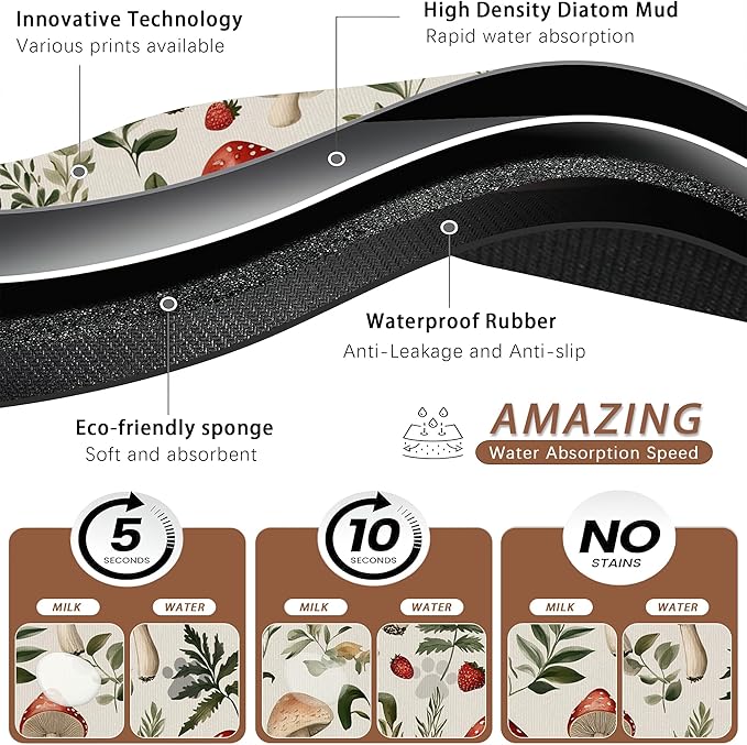 Red Mushroom Pet Feeding Mat,Fern Herb Berries Absorbent Quick-Dry Cat Dog Food and Water Bowl Mats,Non-Slip Rubber Backing Mat,Cat Dog Accessories Supplies 16"x24"