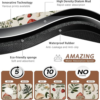 Red Mushroom Pet Feeding Mat,Fern Herb Berries Absorbent Quick-Dry Cat Dog Food and Water Bowl Mats,Non-Slip Rubber Backing Mat,Cat Dog Accessories Supplies 16"x24"