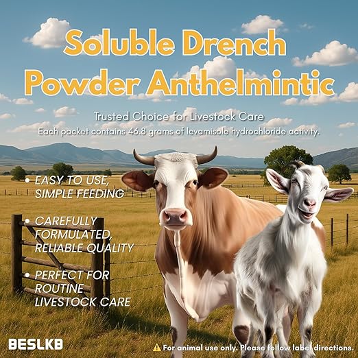 Soluble Drench Powder for Sheep & Cattle, Levamisole Hydrochloride, Oral Dewormer, 1.8 oz (52 g)