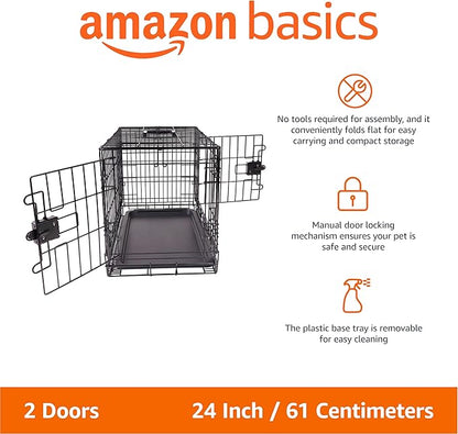 Amazon Basics Portable, Foldable Metal Wire Dog Crate with Removable Tray, Double Door, Divider Panel, 24" x 18" x 20", Black