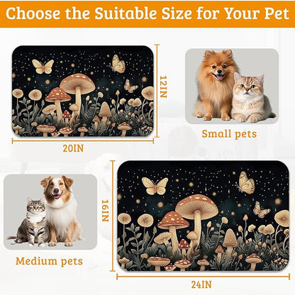 Fantasy Mushroom Dog Cat Food Mat,Butterfly Stars Absorbent Waterproof Placemat for Food and Water Non Slip Rubber Backing Durable Feeding Pad for Clean Floors 16" x 24"