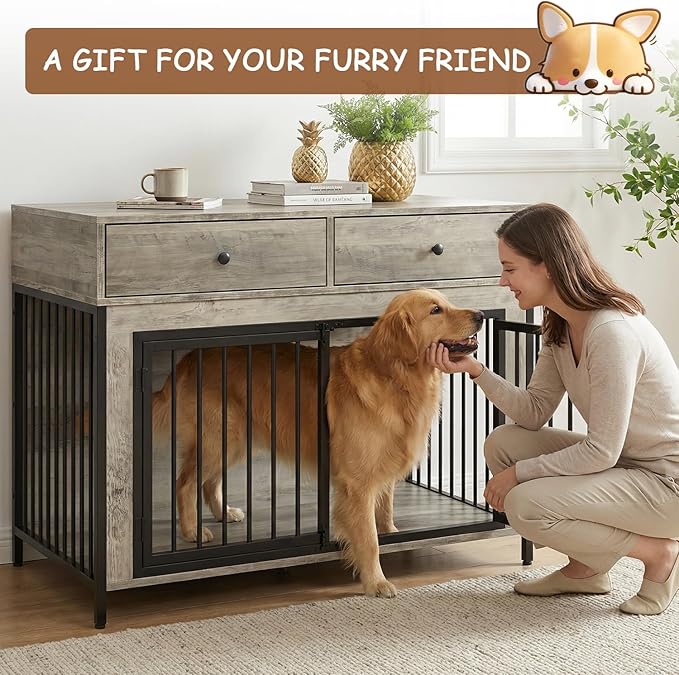 PUKAMI 44inch Large Dog Crate Furniture with Drawers, Wooden Dog Kennel Furniture for Indoor use, Grey End Table Dog House, for Small/Medium/Large Dog, 2-Pack Set