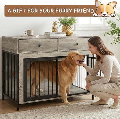 PUKAMI 44inch Large Dog Crate Furniture with Drawers, Wooden Dog Kennel Furniture for Indoor use, Grey End Table Dog House, for Small/Medium/Large Dog, 2-Pack Set