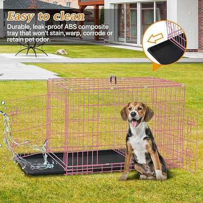 Dog Crate, Folding Portable Outdoor Large Two Door Metal Cat Dog Cage with ABS Tray LC Panel Floor Protecting Feet Wire Animal Pet Dog Kennel with Divider