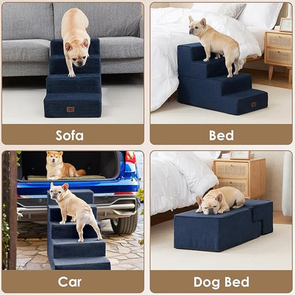 EHEYCIGA Dog Stairs for Bed 20" H, 4-Step Extra Wide Dog Steps for High Bed, Pet Steps for Small Dogs and Cats, Non-Slip Balanced Pet Ramp Indoor, Navy Blue