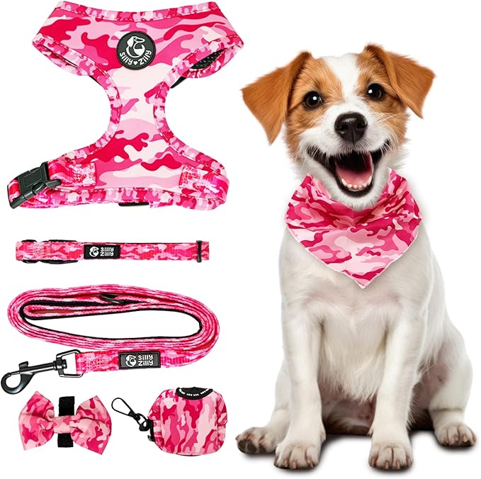No Pull Harness and Leash Set - 6-in-1 Adjustable Vest Harness and Collars for Medium and Large Dogs. (Military Pink, Small)