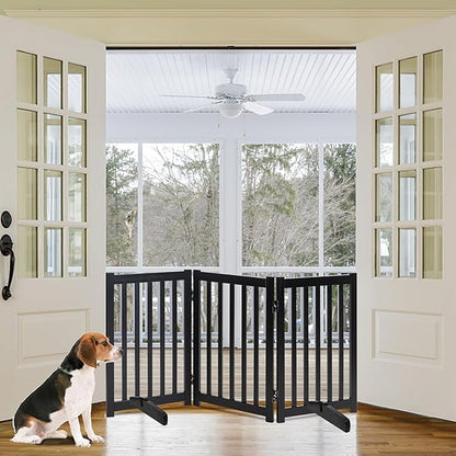 LZRS Freestanding Dog Gate 30 inch Tall - 3 Panels Solid Wooden Pet Gate for Doorways, Stairs & Hallways, Expandable & Foldable with Support Feet，Indoor Use,Black
