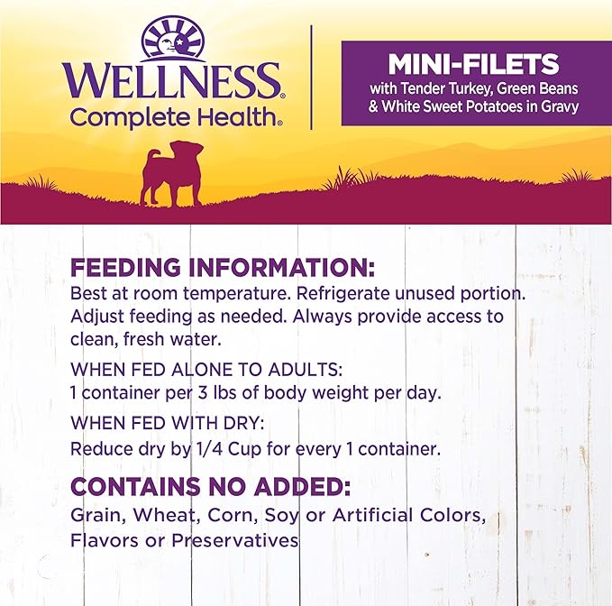 Wellness Petite Entrees Mini Filets Small Breed Adult Wet Dog Food, Grain Free, Natural, Tender Turkey, Green Beans, and White Sweet Potato, 3 oz, Pack of 12 Cups