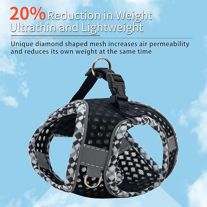 Summer Soft Dog Harness and Leash Set,Ultra Thin Breathable Diamond Mesh, Step in Adjustable Dog Harness with Padded Vest for Medium Size Dogs in Hot Weather Black L