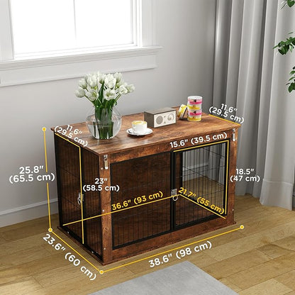PawHut 39" Dog Crate Furniture with Flip-up Top Opening, Decorative Dog Kennel Furniture Side Table with 2 Doors for Large Breeds, Rustic Brown