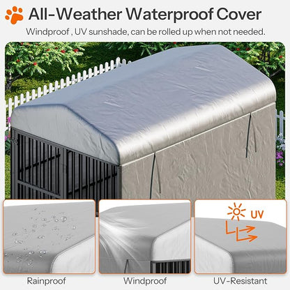 HOOBRO Outdoor Dog Kennel with Cover, 6.6 x 3.9 x 5.9 ft Dog Kennel Outside with Waterproof Roof and Rotating Feeding Bowls, Heavy-Duty Large Cage Enclosure, for Medium & Large Dogs, Black BK212GW03