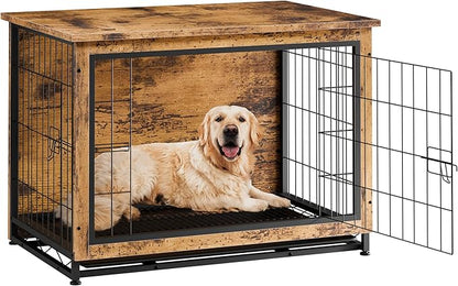 Vongrasig Dog Crate Furniture, Side End Table, Modern Wooden Kennel for Dogs Indoor, Heavy-Duty Dog Cage with Multi-Purpose Removable Tray, Double-Door Dog House, Rustic Brown