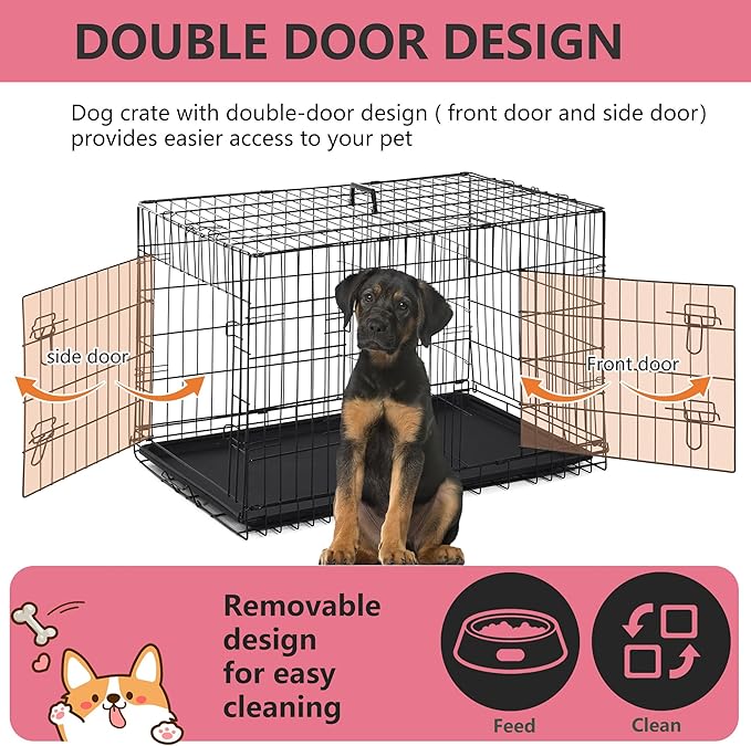 FDW 45 Inch Dog Crate for Large Dogs, Folding Metal Cage with Double Door & Leak-Proof Tray, Black
