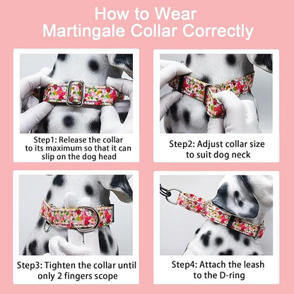 Reflective Martingale Collar for Dogs Nylon Training Collar with No Buckle Cute Floral No Pull Dog Collar for Large Dogs（Pink Flower，L）