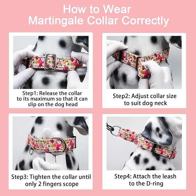 Reflective Martingale Collar for Dogs Nylon Training Collar with No Buckle Cute Floral No Pull Dog Collar for Medium Dogs（Pink Flower，M）