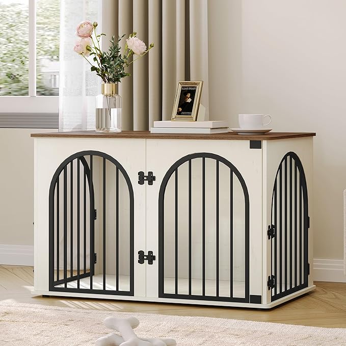 39.4" Wooden Dog Crate Furniture, Indoor Dog Kennel Dogs Cage for Small/Medium/Large Dogs, Heavy Duty Dog Crates Decorative Pet House End Side Table TV Stand, White Brown DFC84114B