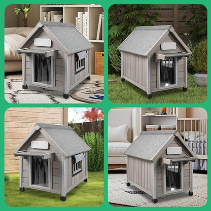 PetsCosset 20.5" L Outdoor Dog House with Waterproof Asphalt Roof for Small to Medium Dogs,Large Wooden Indoor Dog Kennel with Anti-Chewing Metal,Oxford Cloth Window,Durable Doghouse for 1-2 Dogs