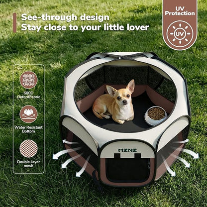 Dog Cat Playpen, Portable Puppy Pet Crate Indoor for Small Dogs Cats Rabbits, Foldable Dog Cage Enclosure for Outdoor, Pop Up Dogs Tent Kennel with Carrying Case, Brown