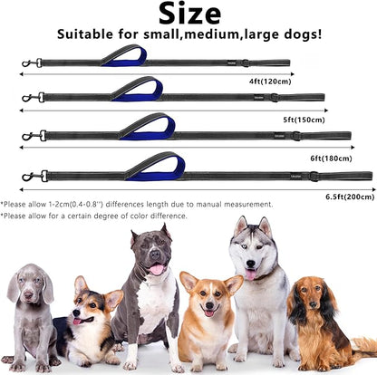 Dog Leash 6.5ft Long, Double Handle Dog Leash for Safety Control Training, Heavy Duty Dog Leads with Traffic Padded Handles, Reflective Leashes For Small Medium Large Dogs(6.5ft, Black Blue)