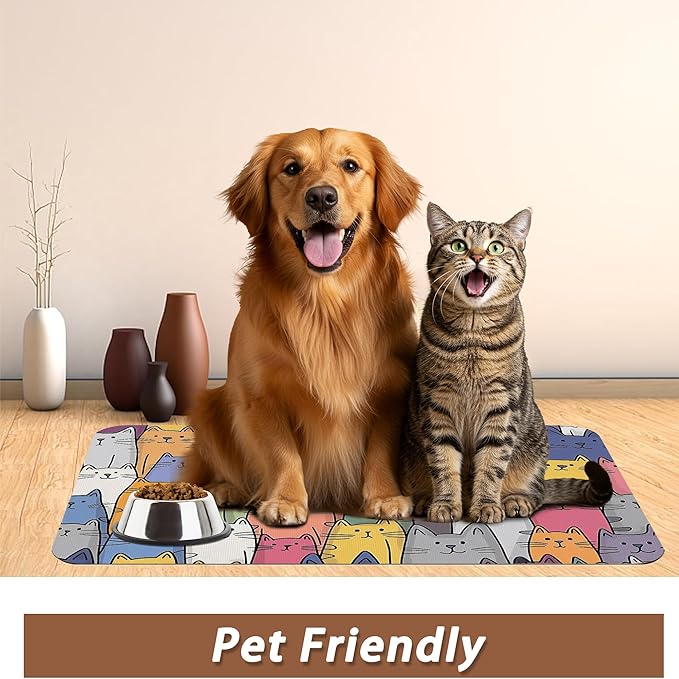 Funny Cats Family Dog Cat Food Mat,Absorbent Pet Feeding Mat for Food and Water,Non-Slip Dog Bowl Mats Floor Protector 16"x24"