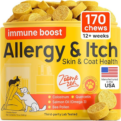 Dog Allergy Chews – Dog Allergy Relief, Itch Relief for Dogs – Anti Itch, Allergies & Immune Chews for Dogs with Omega 3 Fish Oil, Colostrum & Probiotics – 170 Count, Made in USA